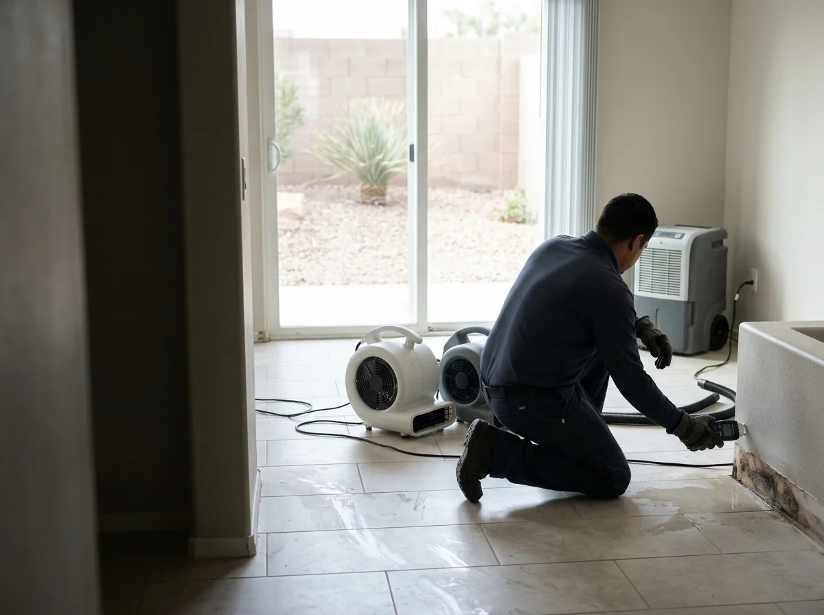 Technician kneeling on a wet tile floor, checking moisture beside air movers and a dehumidifier